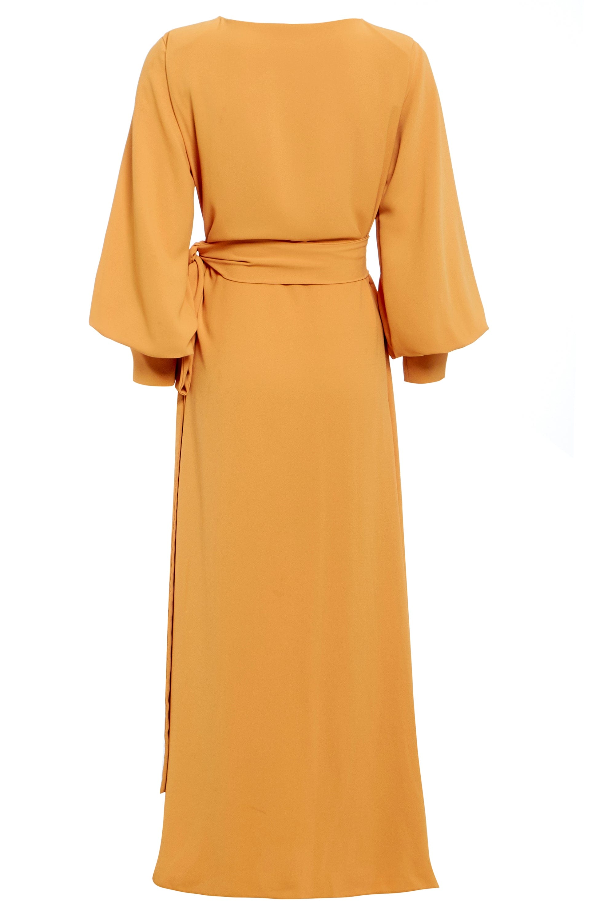 Amber | Mustard Wrap Tie Waist Maxi Dress with Balloon Sleeves | Sarvin